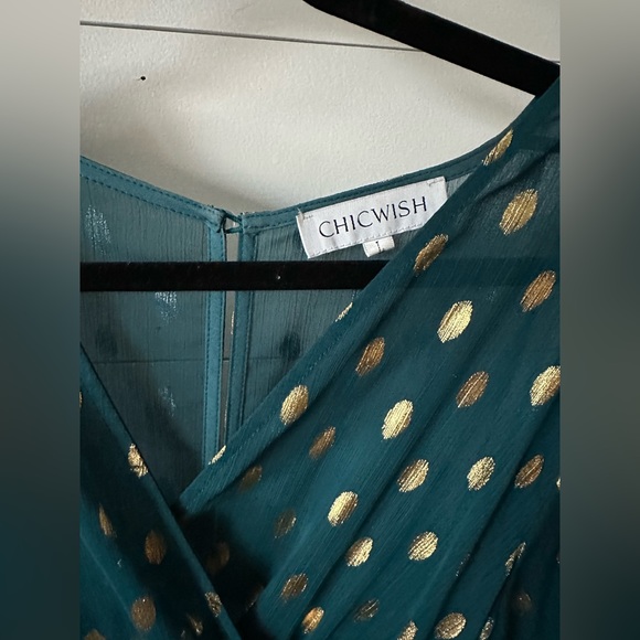 Chicwish -  Oval Dots Semi-Sheer Split Wrap Dress in Emerald - Large - Picture 7 of 8